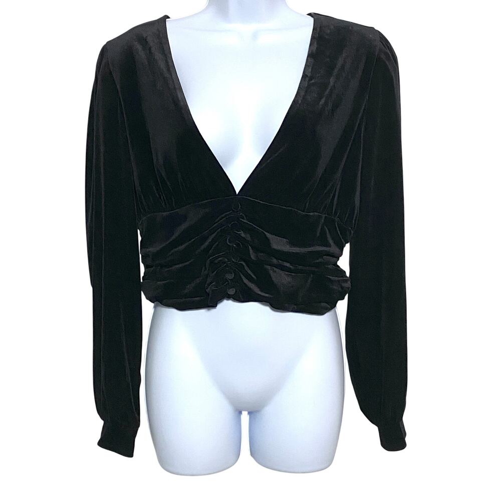 Express Black Velvet Deep V Neck Ruched Button Blouse Top Womens M NWT Boho Chic